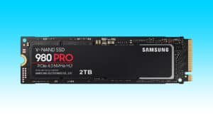 Samsung's 980 PRO SSD on a blue background is available at an Amazon deal.