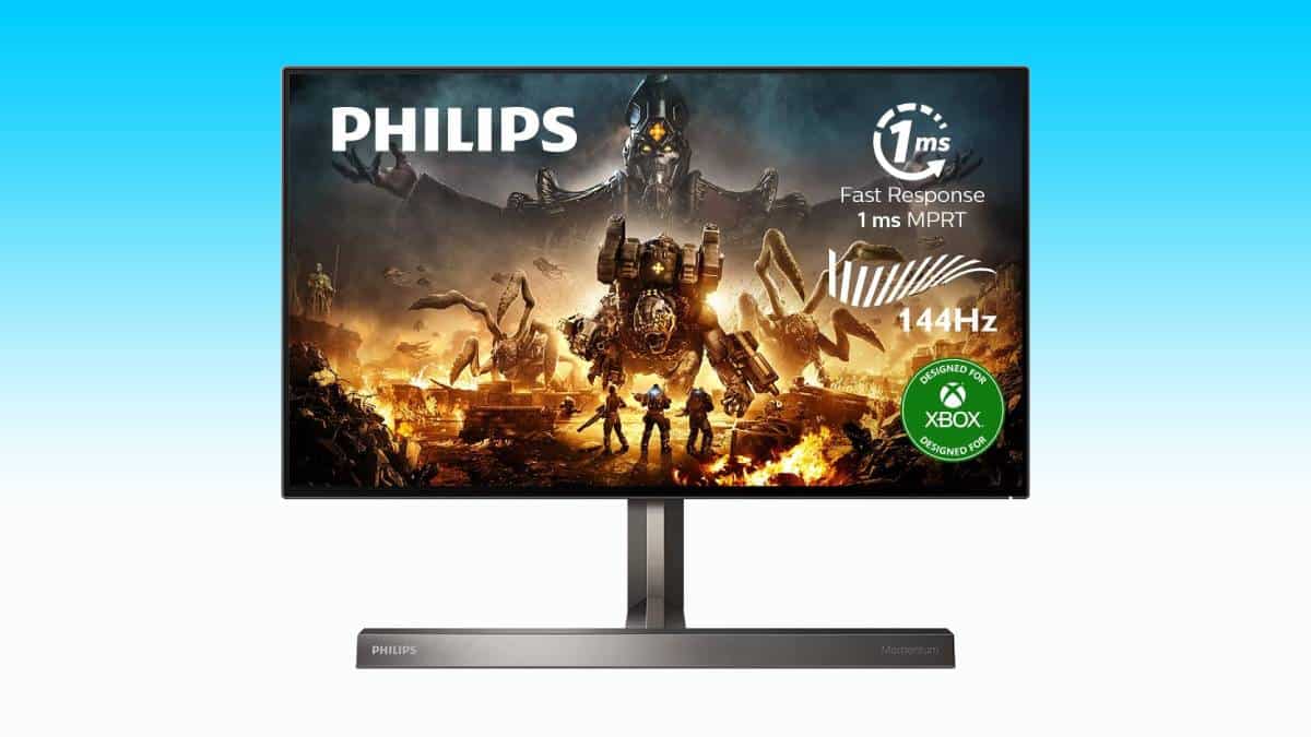 An Xbox-compatible Philips 4K gaming monitor available on Amazon, showcasing an image of a video game.
