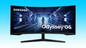 The Samsung Odyssey G6 gaming monitor is displayed on a blue background.