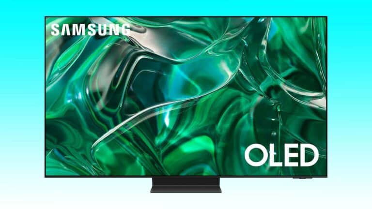 The OLED TV is displayed on a blue background.