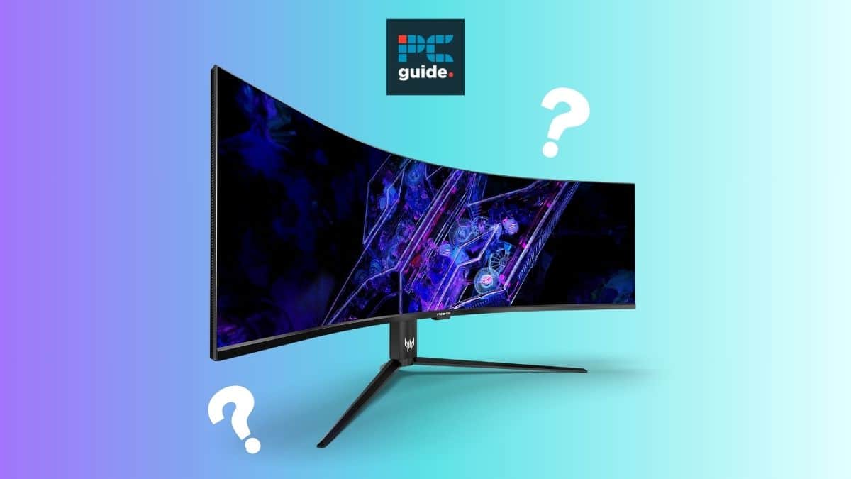 A monitor with question marks on it. Where to buy the Acer Predator Z57 Image shows an Acer monitor on a blue background below the PC guide logo