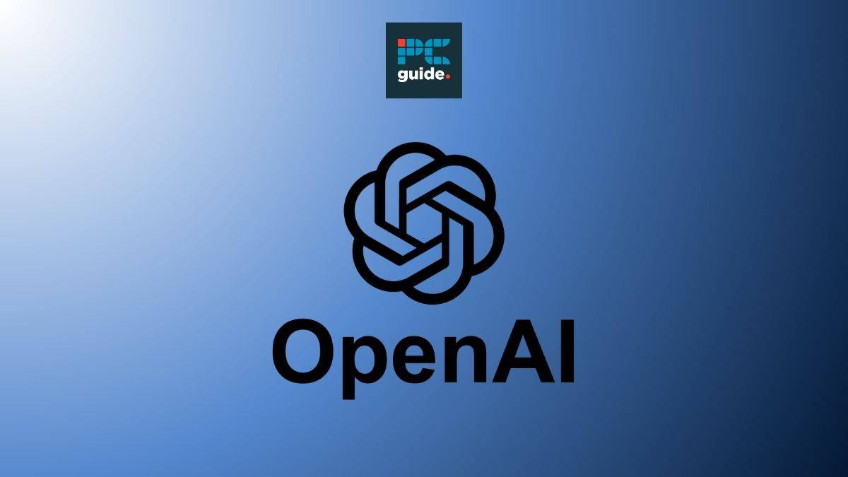 The open ai logo on a blue background. Image shows the OpenAI Logo on a blue background below the PC guide logo