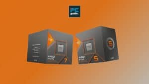 Two boxes of AMD processors on an orange background.