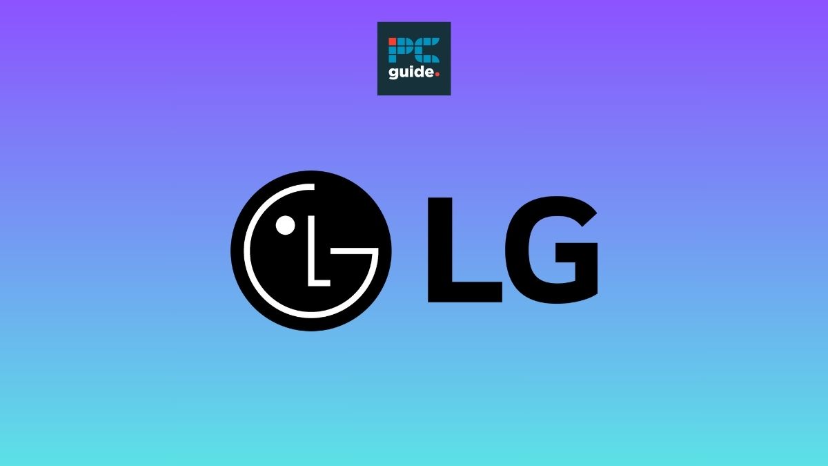 The LG logo against a purple background. Image shows the LG logo on a purple background below the PC guide logo