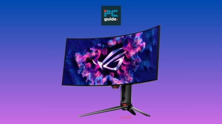 A curved monitor with a purple background featuring the ROG SWIFT OLED technology. Image shows an ASUS ROG monitor on a purple background below the PC guide logo