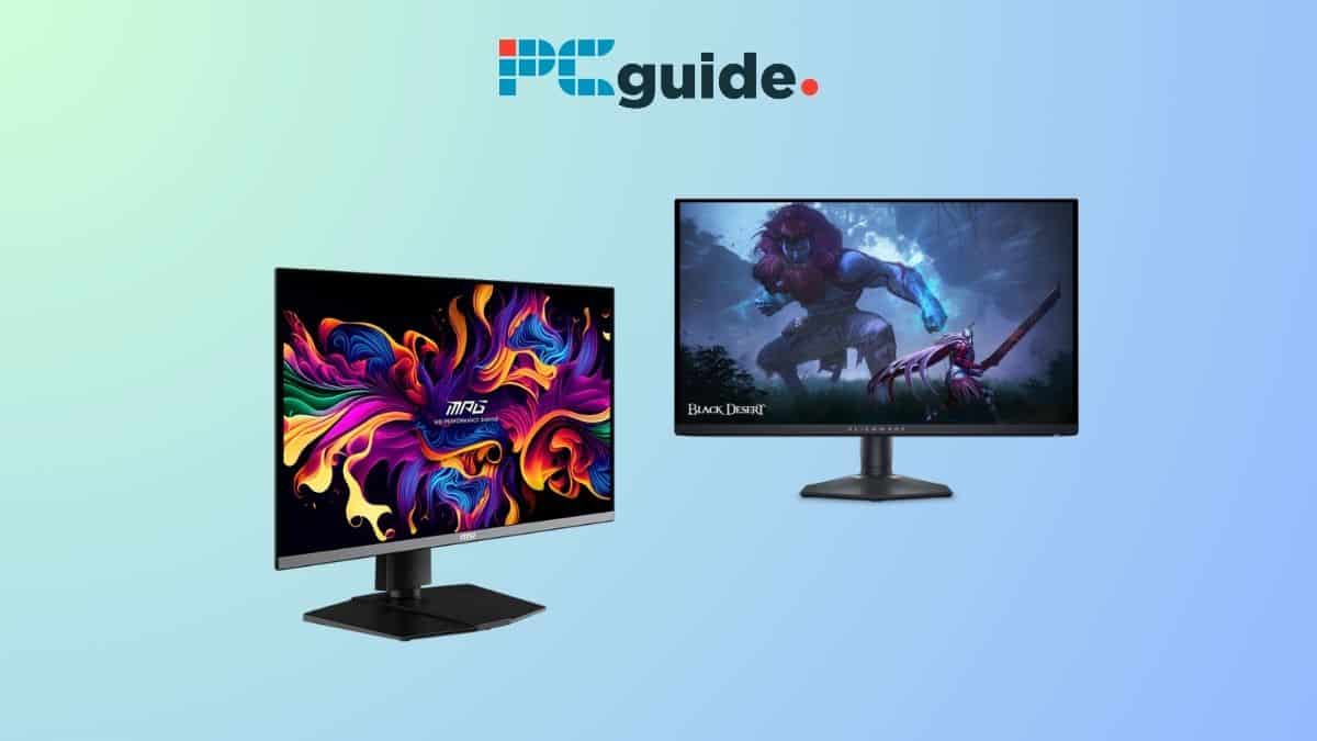 Explore the top gaming monitors of 2019, including the QD-OLED Gaming Monitor and Alienware AW2725DF. Image shows an MSI monitor and a Alienware monitor on a blue background bleow the PC guide logo