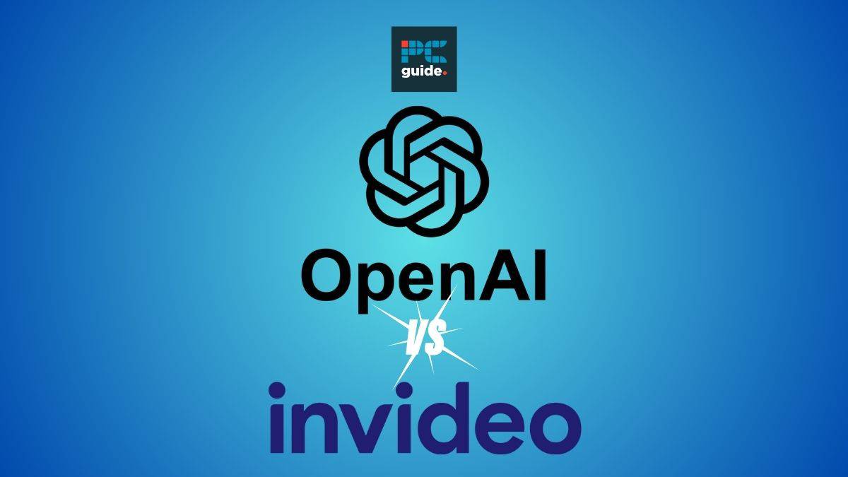InVideo AI and Sora logos on a blue background, coming out on top. Image shows the InVideo Logo and OpenAI lofo on a blue background below the PC guide logo