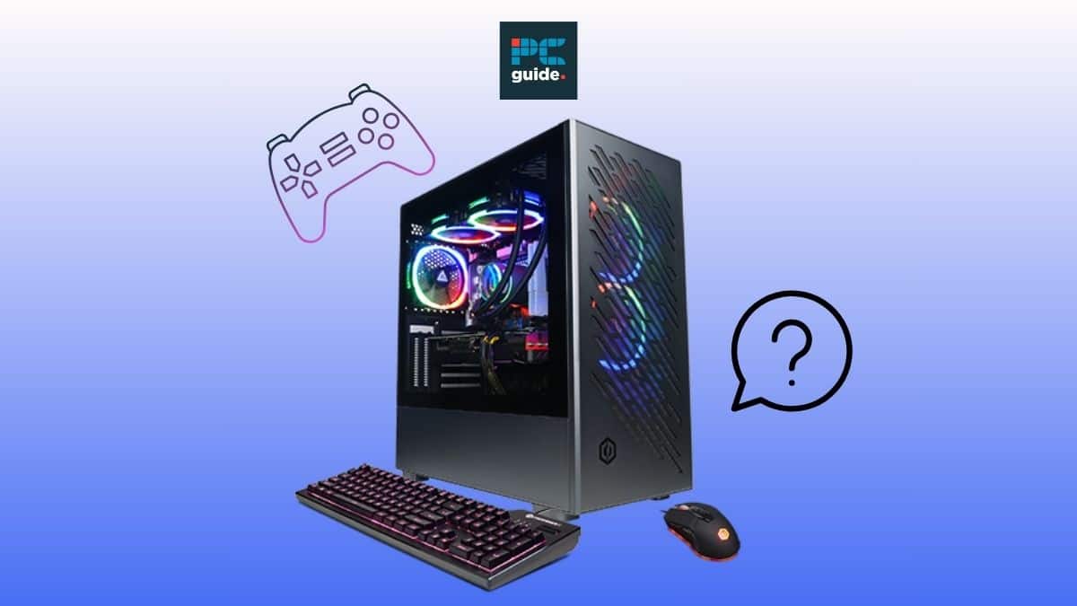 Experience ultimate gaming with a high-end CPU powered RTX 4080 Super prebuilt gaming PC, accompanied by a seamlessly integrated cooling system for peak performance. IMage shows a pc on a blue background below the PC guide logo