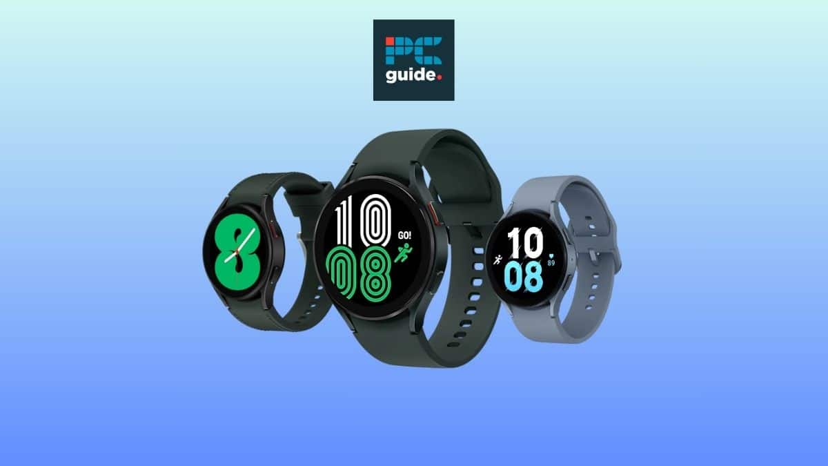 Image of 3 Samsung Galaxy watches on a blue background below the PC guide