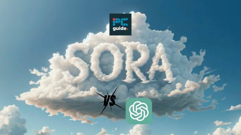 Sora vs ChatGPT - what are the main differences? Image shows the word 'Sora' made out of cloud underneath the PC Guide logo.