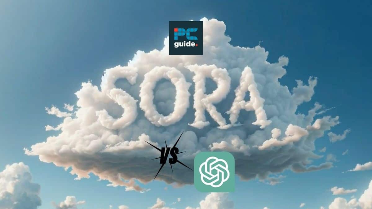 Sora vs ChatGPT - what are the main differences? Image shows the word 'Sora' made out of cloud underneath the PC Guide logo.