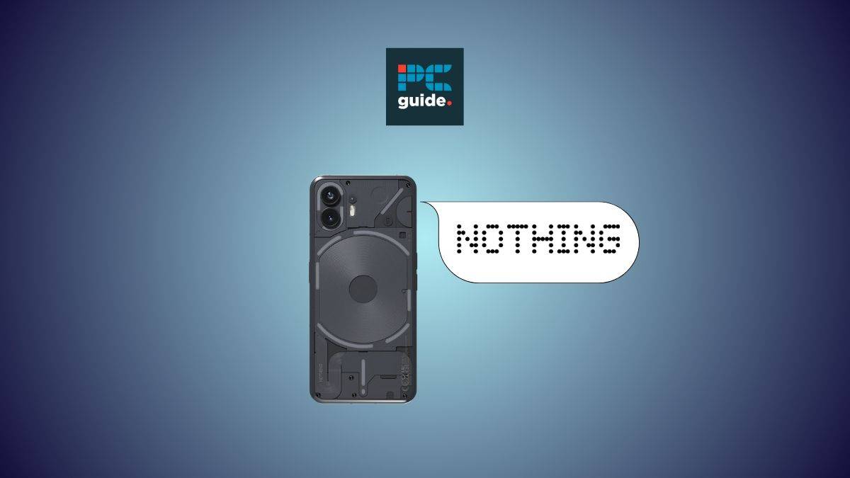 Who is the Nothing Phone made by? Image shows the Nothing Phone next to a speech bubble containing the Nothing logo, on a dark blue gradient background.