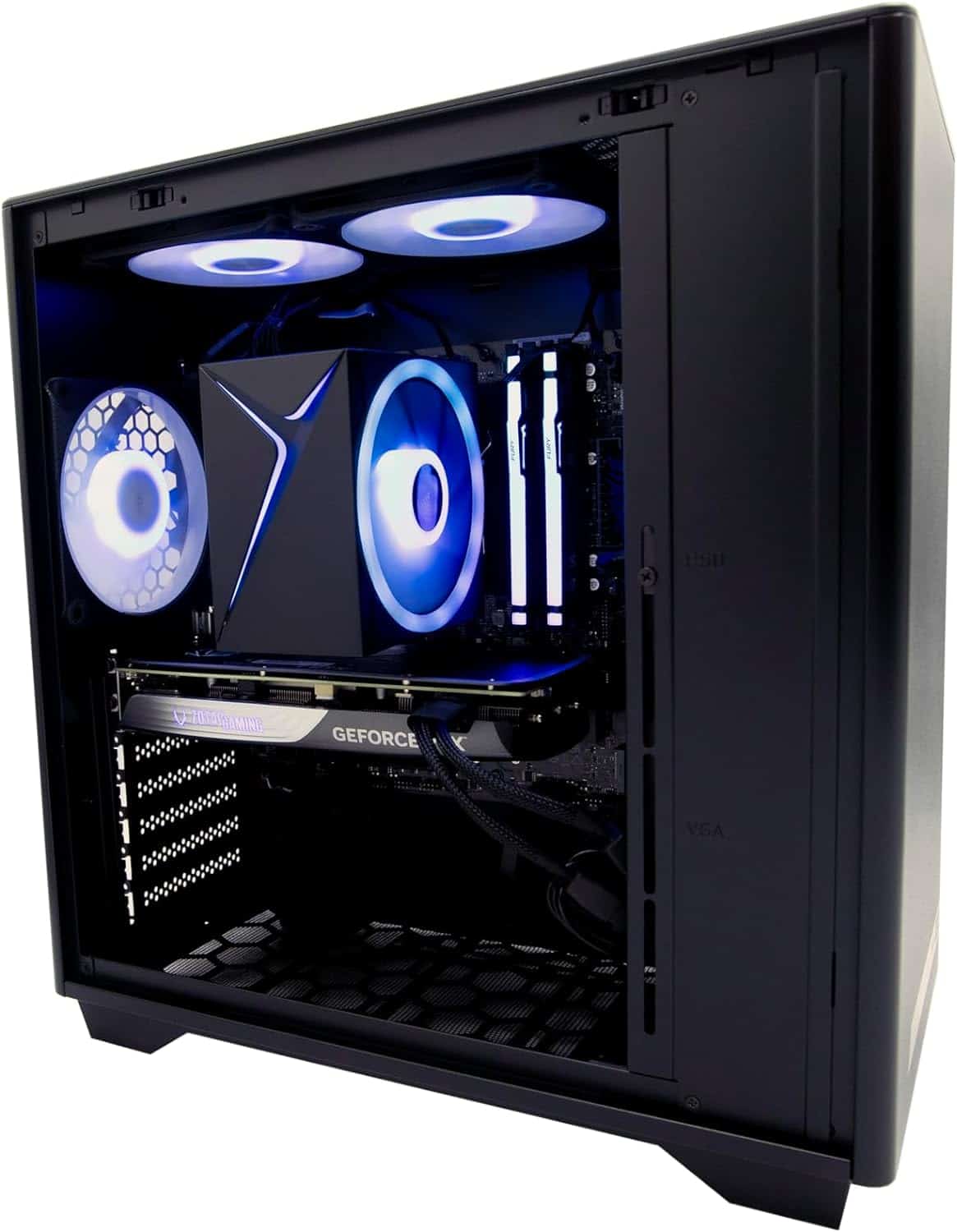 A Gaming Desktop tower with a transparent side panel showing internal components, including fans with blue led lights and a ZOTAC Gaming GeForce graphics card.