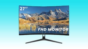 A curved HD monitor with mountains in the background.