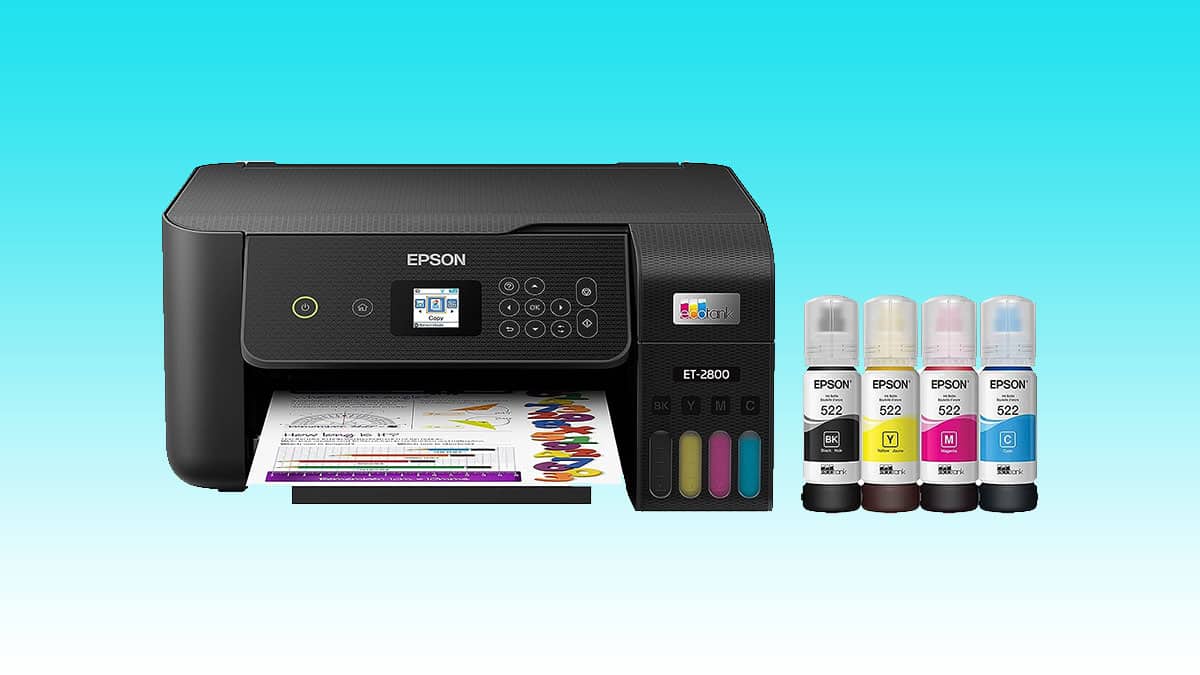 Epson EcoTank home printer with ink cartridges on a blue background, offered at a discount.