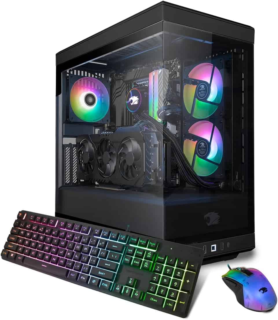 A gaming pc with rgb lighting, transparent side panel showing internal components, accompanied by a backlit keyboard and a colorful gaming mouse.

Modified Description:
An iBUYPOWER Y40 gaming PC with RGB lighting