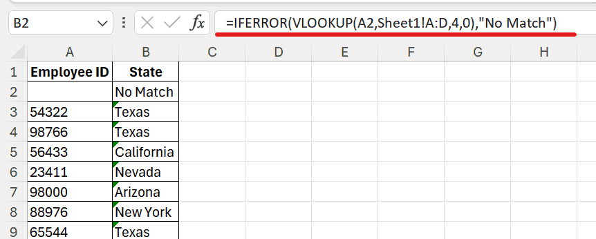 An example spreadsheet with two sheets, showcasing the number of employees in a state using VLOOKUP.