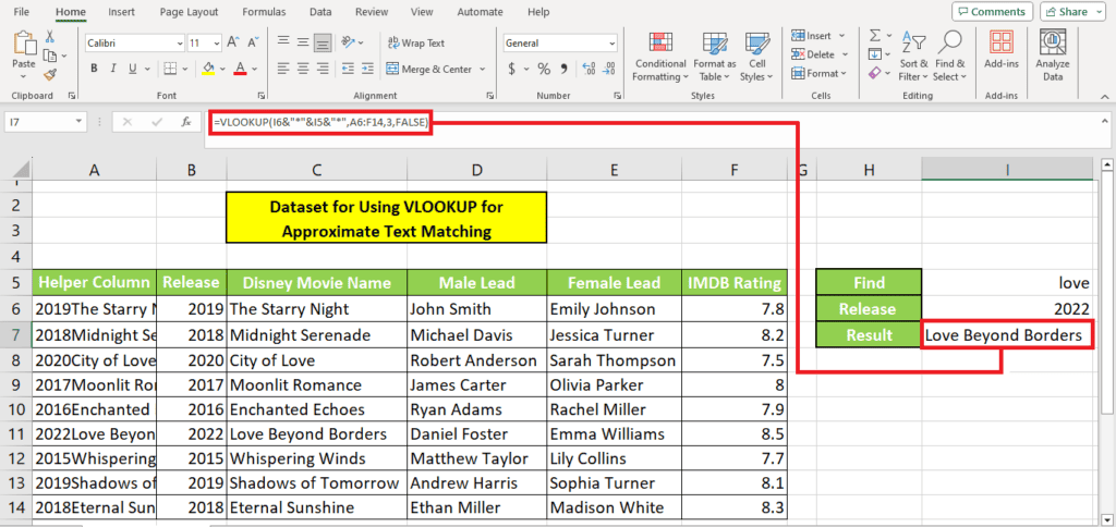 Learn how to create a spreadsheet in Excel, utilizing the VLOOKUP function for an approximate text match.