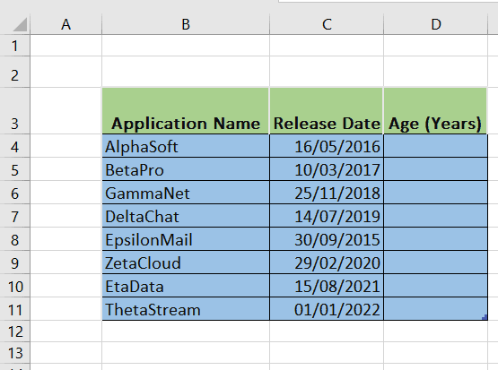 An Excel spreadsheet displaying the release date of an application.