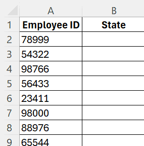 An example of a VLOOKUP function used in an employee ID and state table across two sheets in Excel.