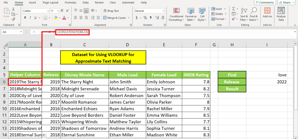 A screenshot of an Excel table with VLOOKUP functionality for approximate text matching.