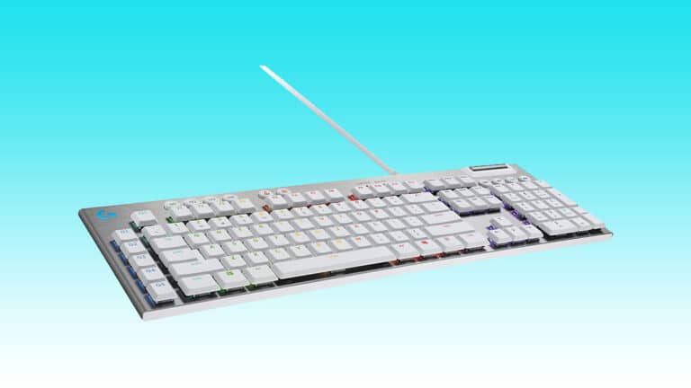 A white Logitech G815 mechanical gaming keyboard on a blue background.