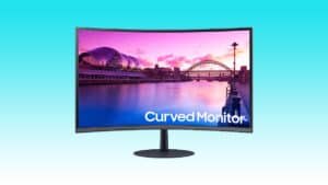A Samsung curved monitor with the words "curved monitor" displayed on it.