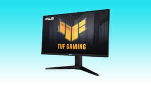 The ASUS TUF gaming monitor is displayed on a vibrant blue background.