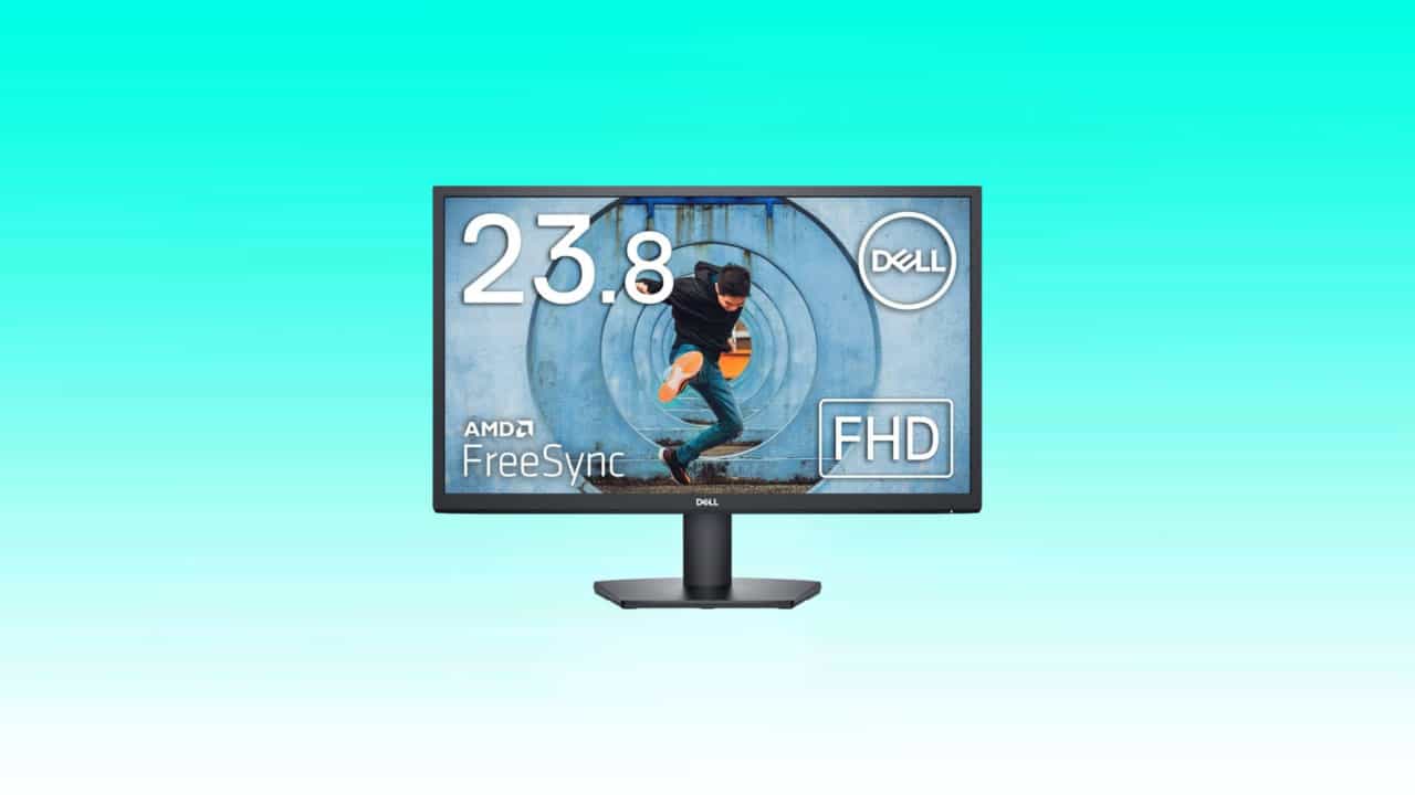 Computer monitor displaying an image of a person jumping with a blue background, highlighting the brand dell SE2422HX, 24 inch screen size, amd freesync technology, and FHD resolution.