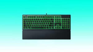 Backlit Razer Ornata V3 X mechanical gaming keyboard with green illumination.