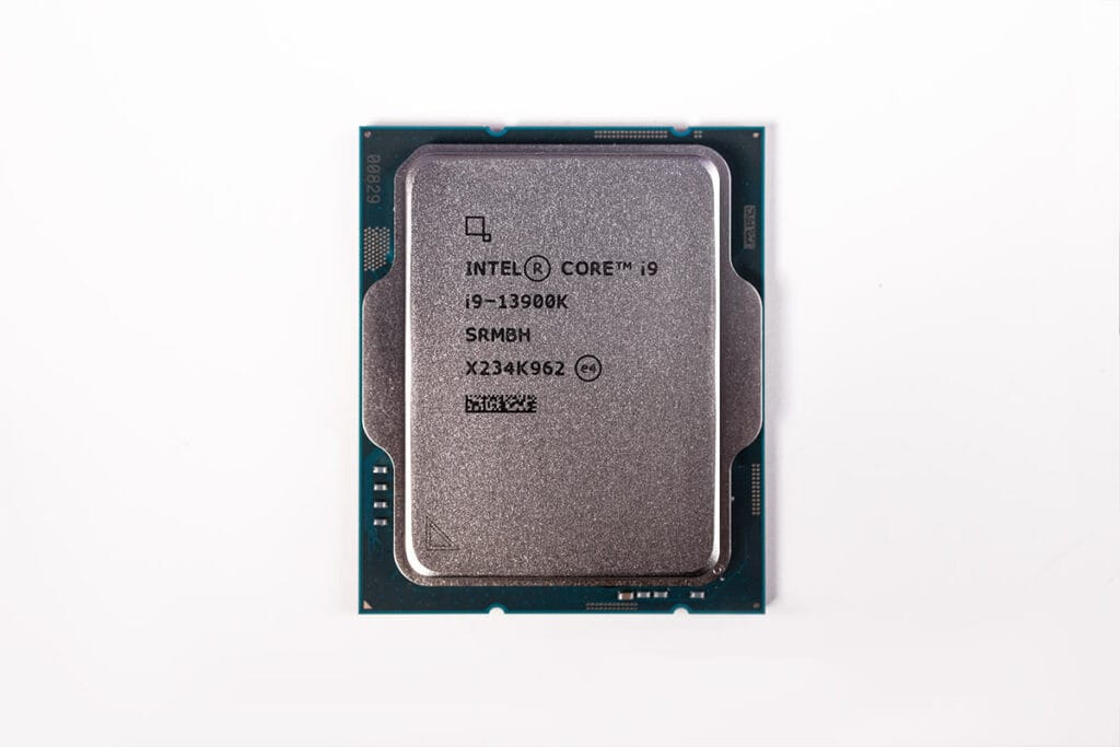 Intel Core i9-13900K desktop processor review isolated on a white background.
