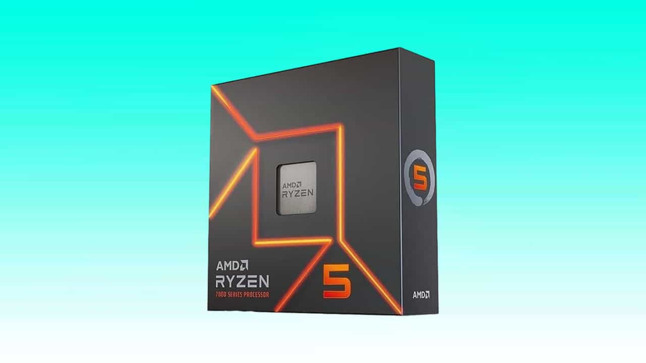 AMD Ryzen 5 7600X series unlocked desktop processor box with a prominent chipset illustration and branding.