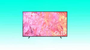 Samsung Q60C 43-Inch QLED TV displaying vibrant abstract colors.