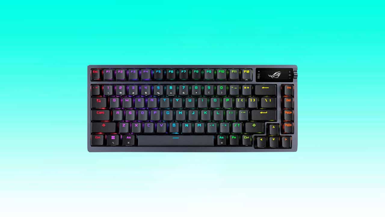 Backlit mechanical gaming keyboard with RGB lighting and ASUS ROG Azoth features.