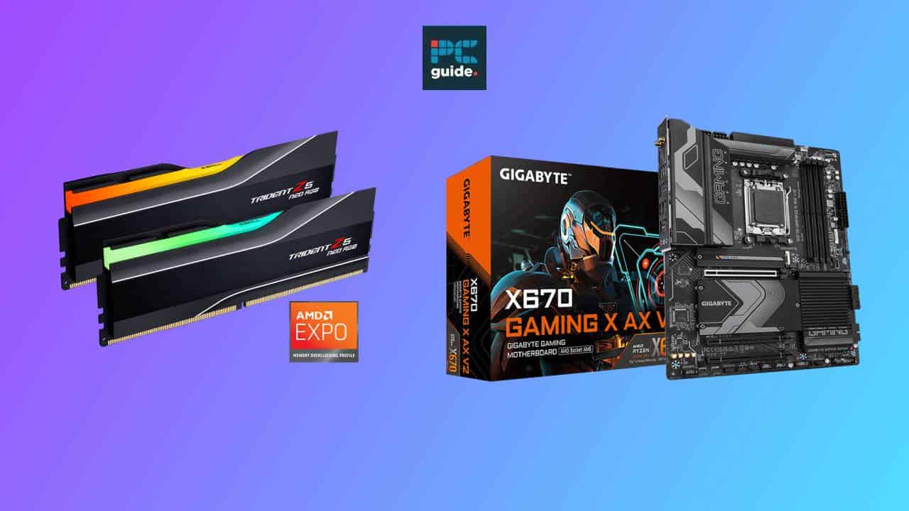 High-performance computer hardware with Gigabyte x670 gaming motherboard and G.Skill 32GB DDR5 RAM combo.