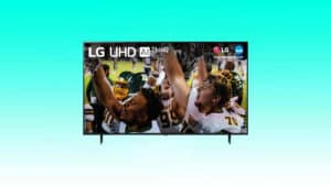 Football players celebrating a victory on the field with raised arms in front of a 65-Inch LG UR9000 4K Smart TV advertisement.