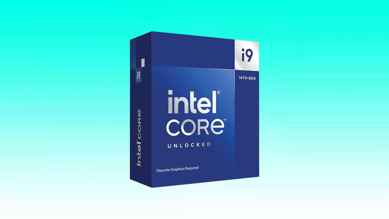 Product packaging for a 14th generation Intel Core i9-14900KF gaming desktop processor, with a note indicating that discrete graphics are required and the unit is unlocked.