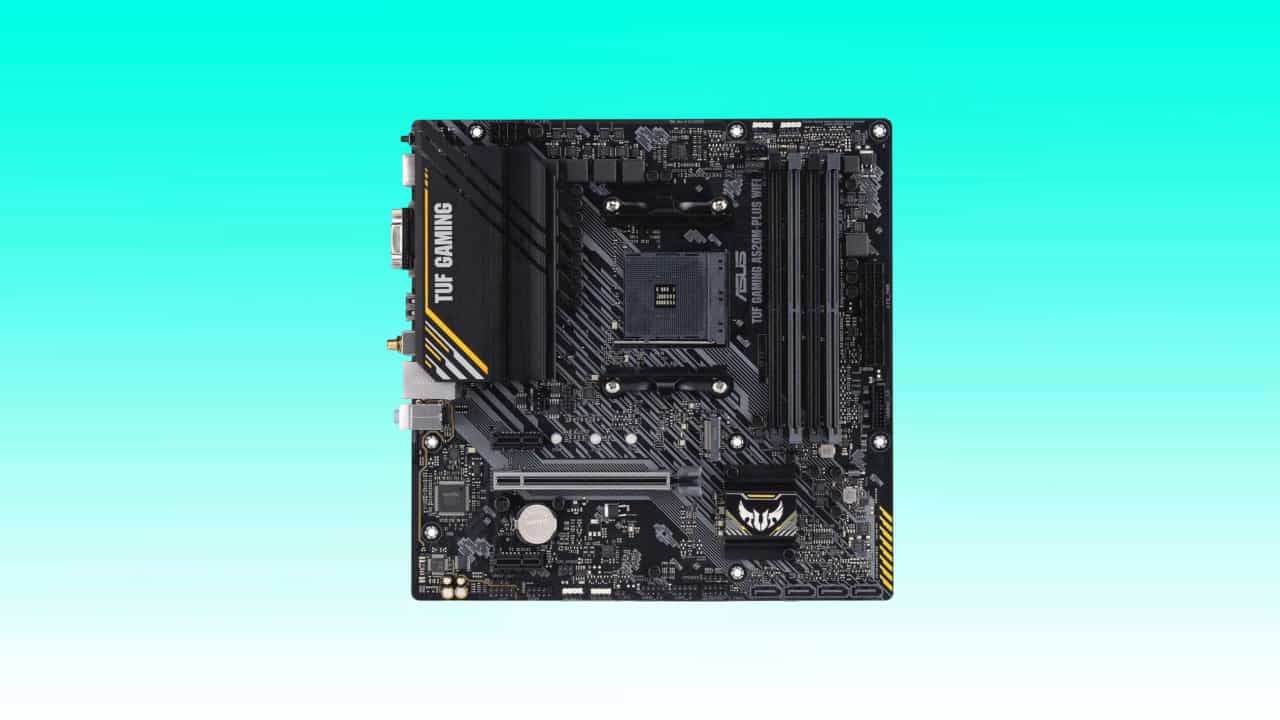 ASUS TUF Gaming A520M-PLUS microATX motherboard featuring TUF gaming branding and multiple expansion slots for computer hardware components.