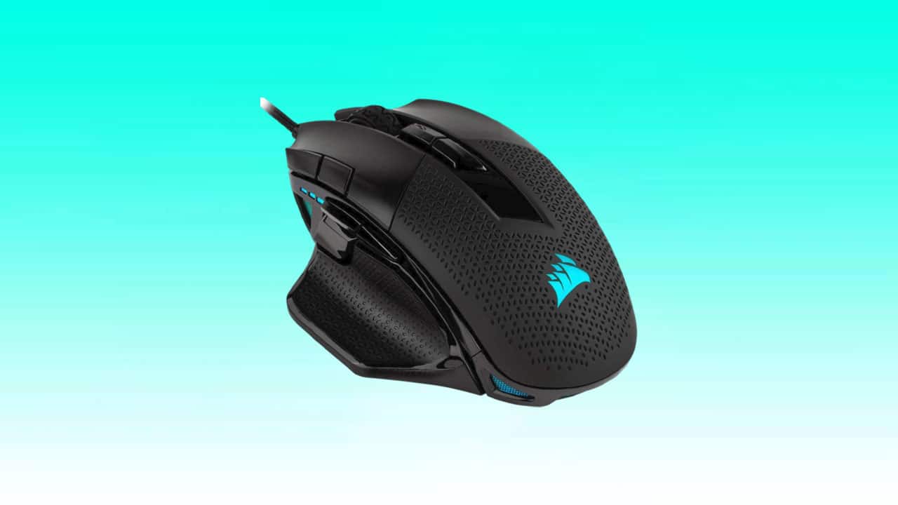Black CORSAIR NIGHTSWORD gaming mouse with blue led accents.