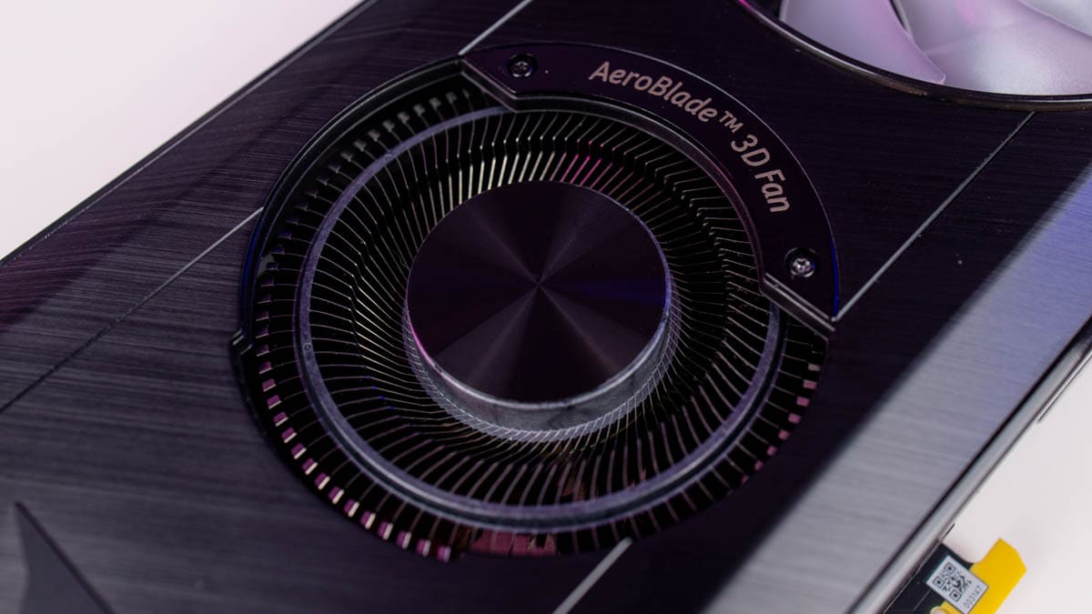 Close-up of an Intel Arc A770 graphics card cooling fan with the label 'aeroblade 3d fan'.