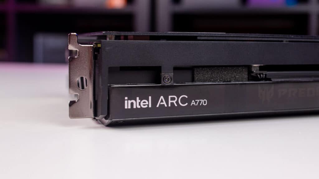 Close-up review of an Intel Arc A770 graphics card on a desk.