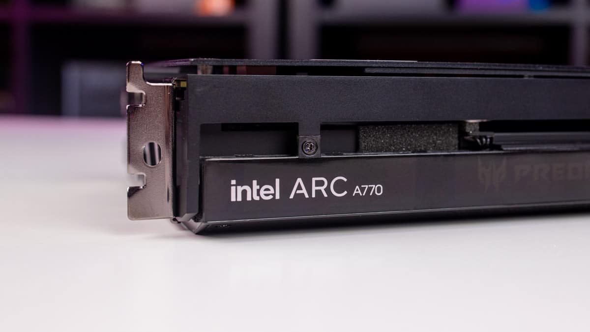 Close-up review of an Intel Arc A770 graphics card on a desk.