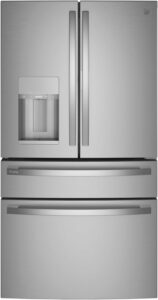 GE Profile stainless steel French door refrigerator with a water dispenser and bottom freezer.