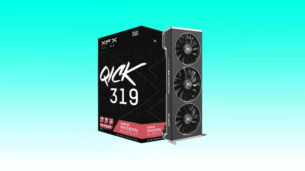 The XFX Speedster QICK319 Radeon RX 6750XT Gaming Graphics Card packaging and product display.