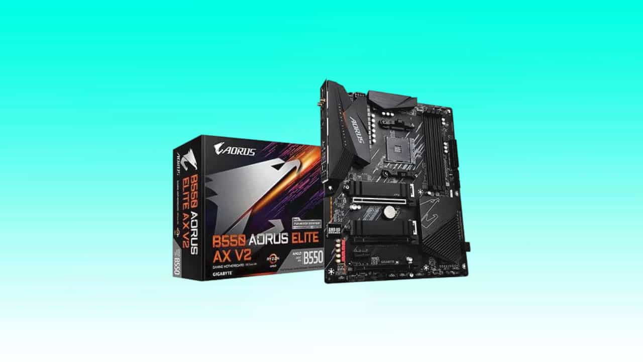 Gigabyte B550 ATX AORUS ELITE V2 motherboard with packaging box.