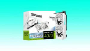Zotac Gaming GeForce RTX 4070 Twin Edge OC graphics card packaging and product display.