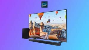 An image of a Samsung QLED TV bundle with a picture of a woman and hot air balloons.