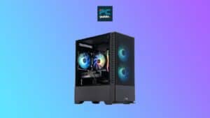 Gaming RTX 4060 Ti PC with rgb lighting on a blue gradient background, with an icon indicating a guide available.