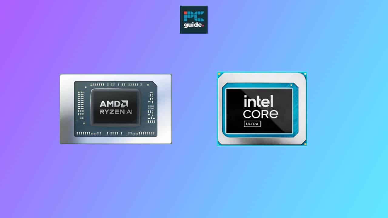 AMD AI and Intel processors against a gradient background.