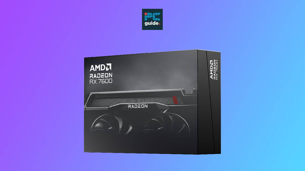 Amd Radeon RX 7600 graphics card packaging with a blue and purple background.